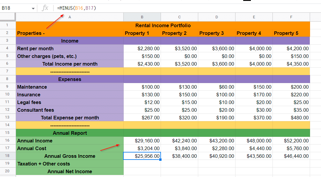 Calculate the annual gross income with the MINUS function