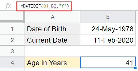 Calculating Age in Google Sheets using DATEDIF