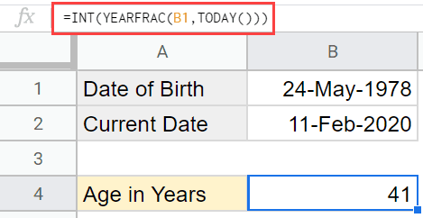 Calculating Age in Google Sheets using YEARFRAC