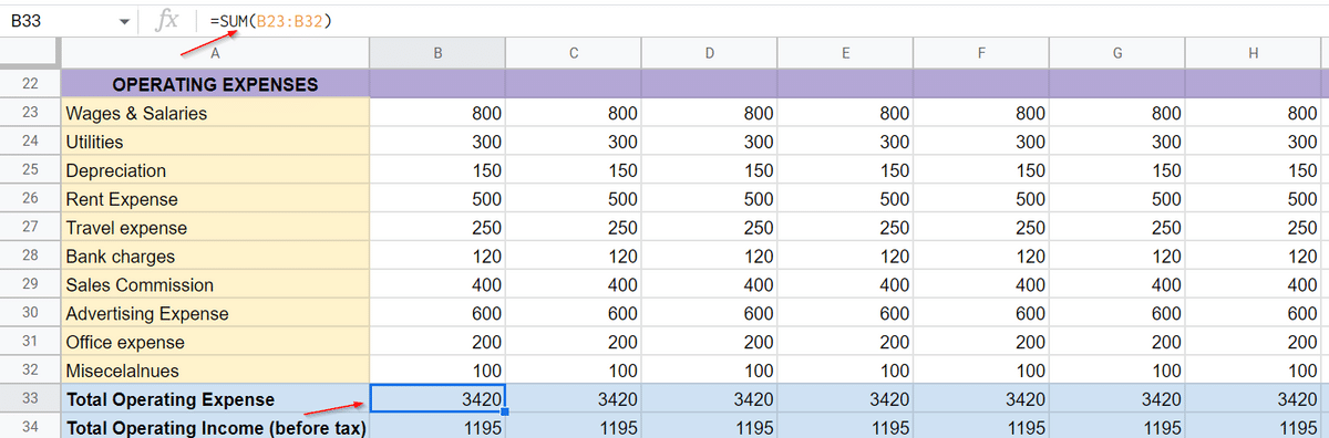 calculating operating expenses in income statement