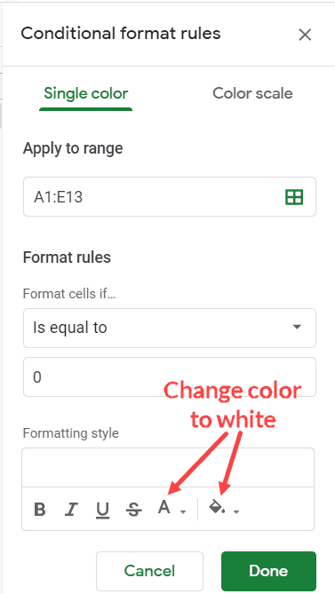 Change color to white to hide the zero value cells