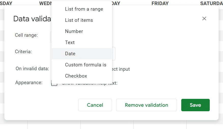 Change the criteria to Date in the Data Validation window