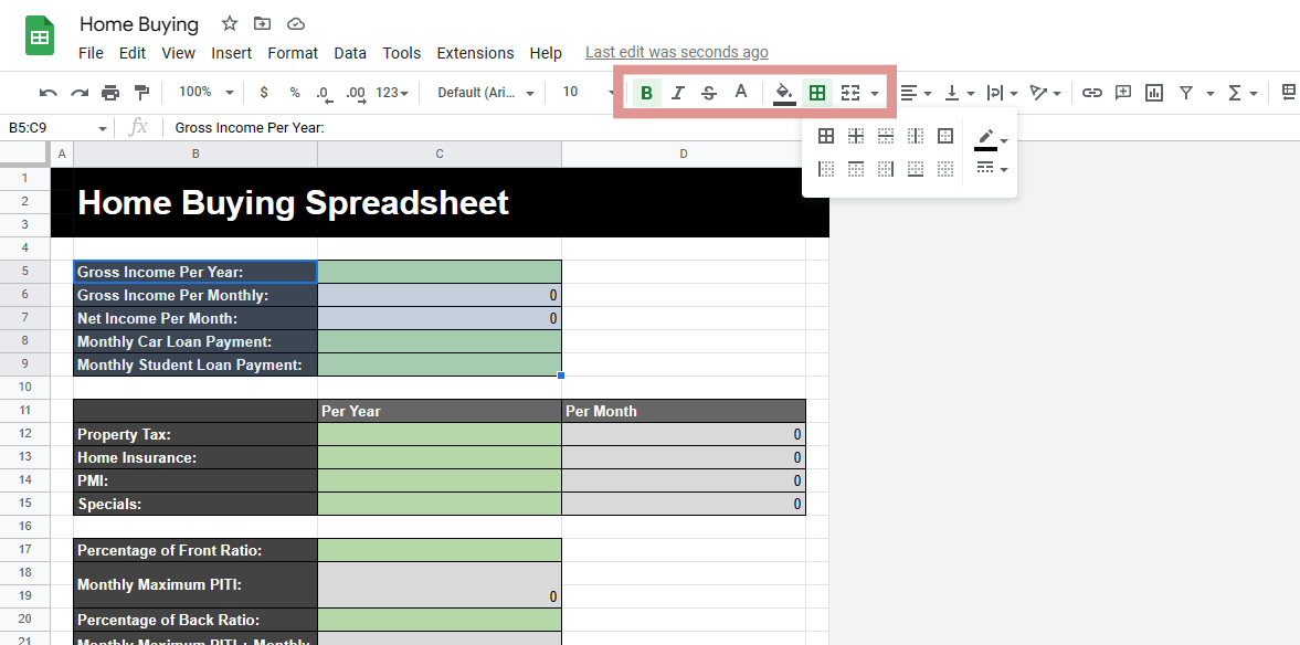 Changing the formatting on your Data to add for a basic cost of buying a house spreadsheet