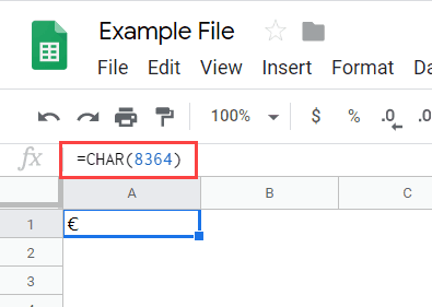 CHAR Function to inser Euro Symbol in Google Sheets