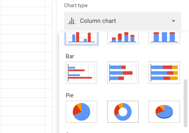 Chart options in the chart editor pane