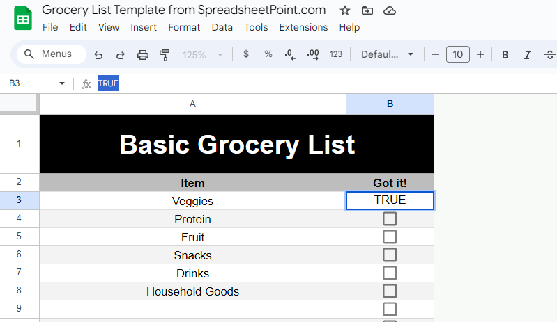 Checkboxes in column B of the Grocery List