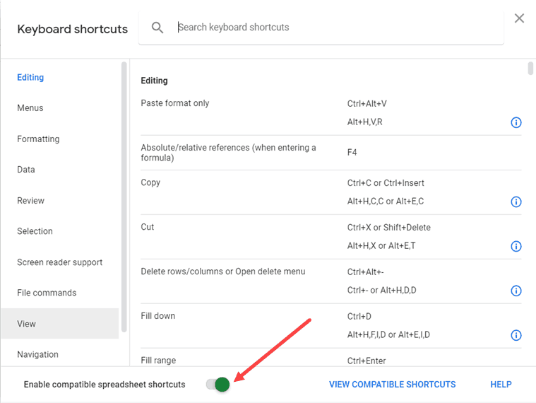 Check the enable compatablity spreadsheet shortcuts