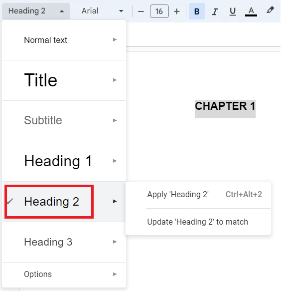 Choose Heading 1 or Heading 2 for your chapters.