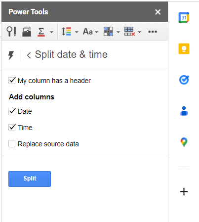 Choose column as a header to show the original data and the split date and time.