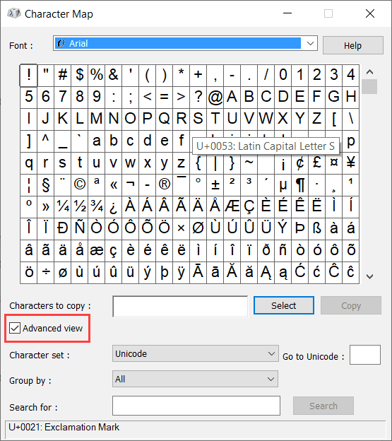 Click Advanced VIew in Character Map