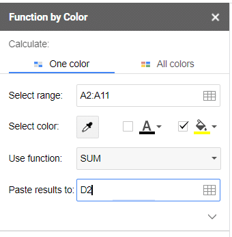 Click in the paste results to box and choose cell D2