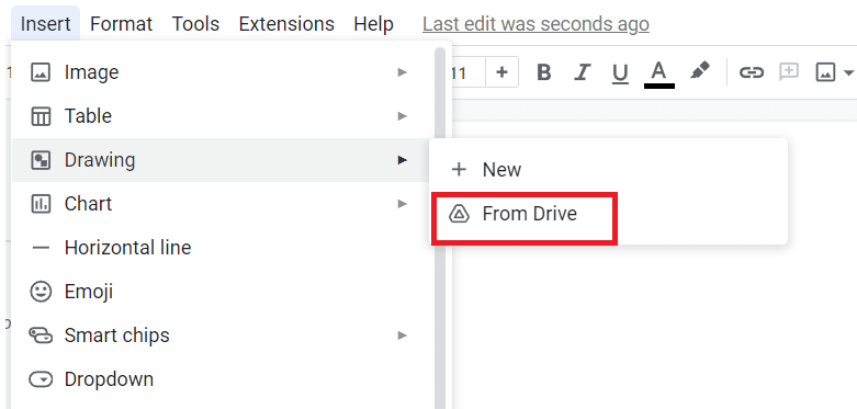 Click Insert > Drawing. Choose from My drive.
