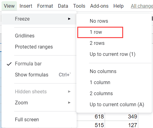 Click on 1 row to freeze the first row in the worksheet