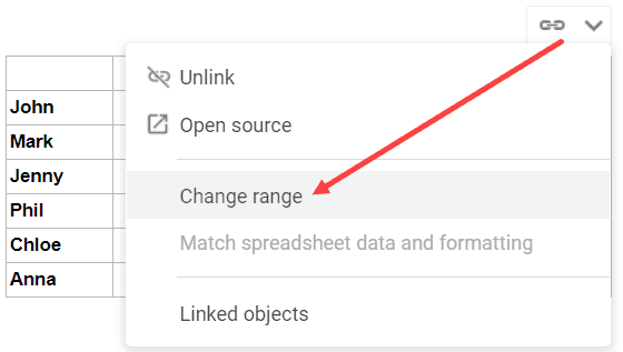 Click on Change range to expand the table range in Google Docs