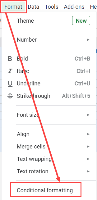 Click on Conditional formatting option in Google Sheets