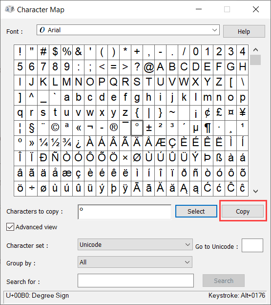Click on Copy button to copy the degree symbol