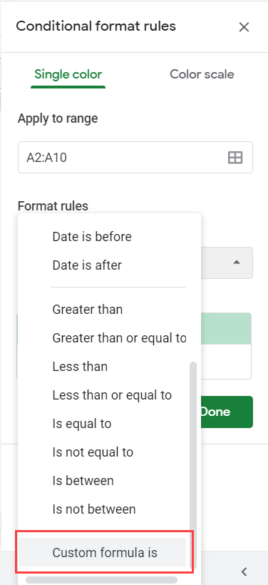 Click on custom formula is option in the drop down