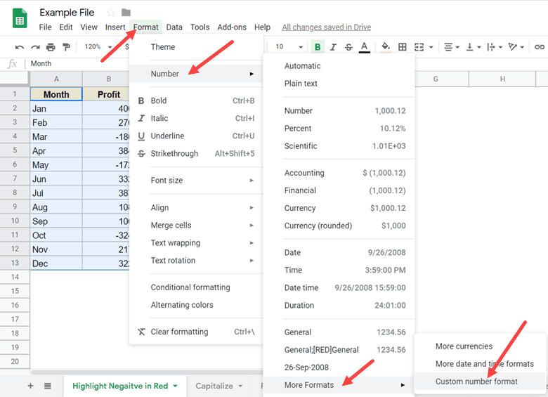 Click on Custom Number Format Option