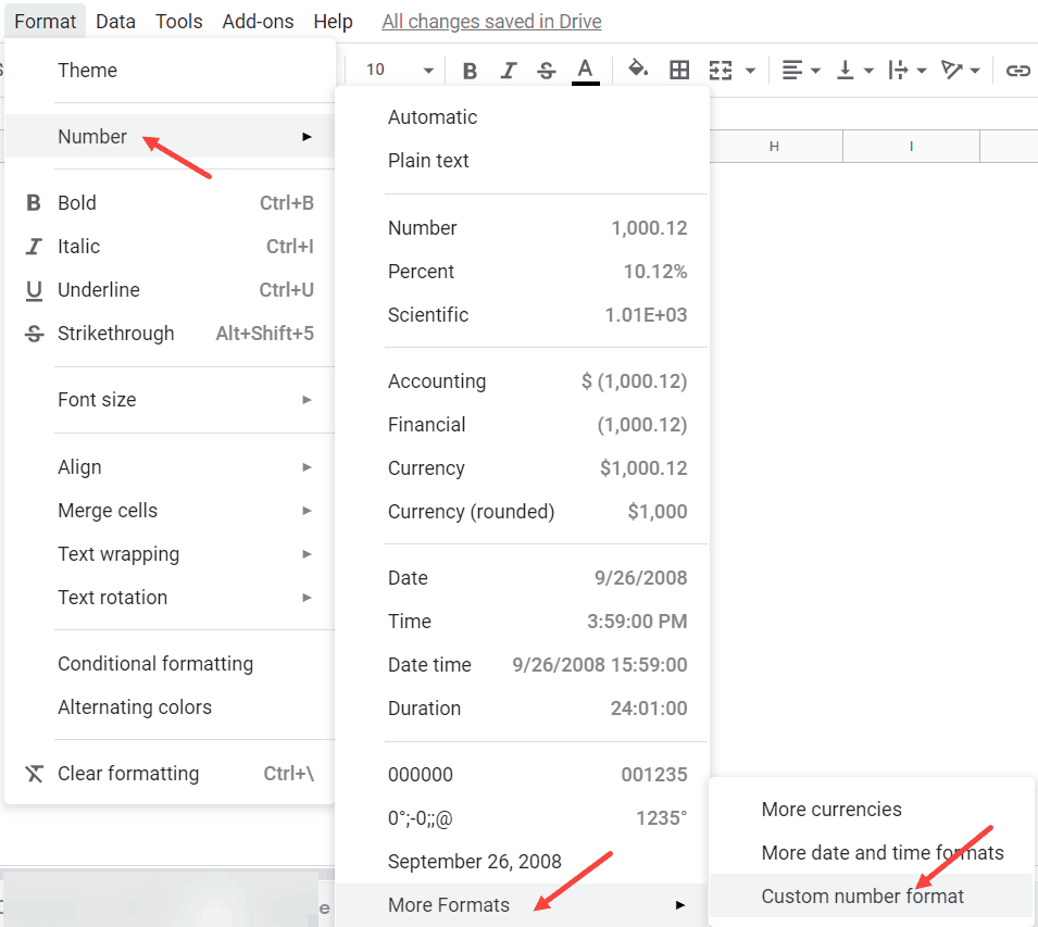 Click on Custom Number Format to Keep leading Zeros in Google Sheets