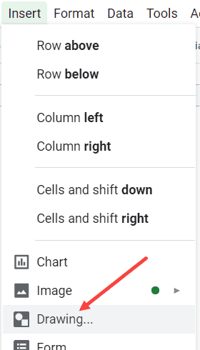 Click on Drawing option to insert a shape in Google Sheets