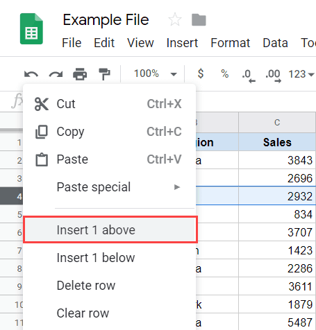 how to add one row above in google sheets