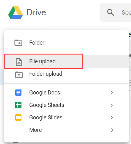 Click on New and then click on File Upload