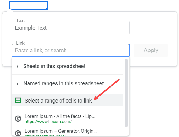 Click on Select a range of cells to link option