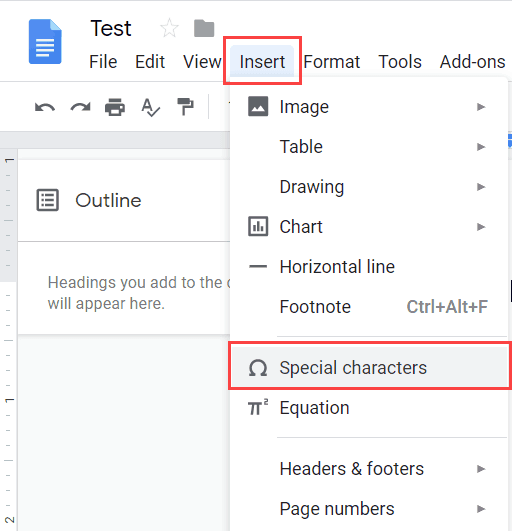 Click on Special Characters in the Insert Options in Google Docs