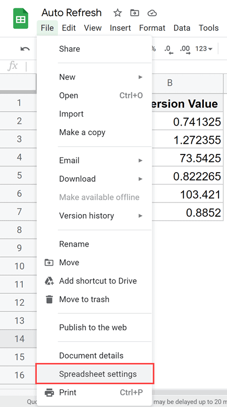 Click on Spreadsheet Setting