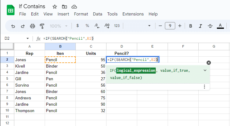 start typing the syntax for IF formula.