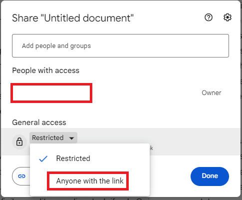 Click on the dropdown option for Restricted and choose Anyone with link