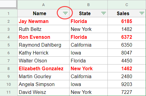 Click on the Filter icon in the header to sort by text color