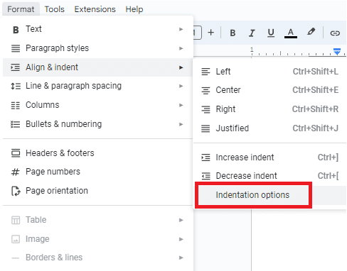 Click on the Indentation options