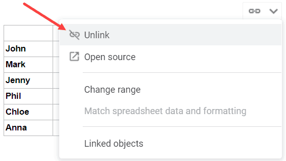 Click on Unlink to remove the link with Google Sheets