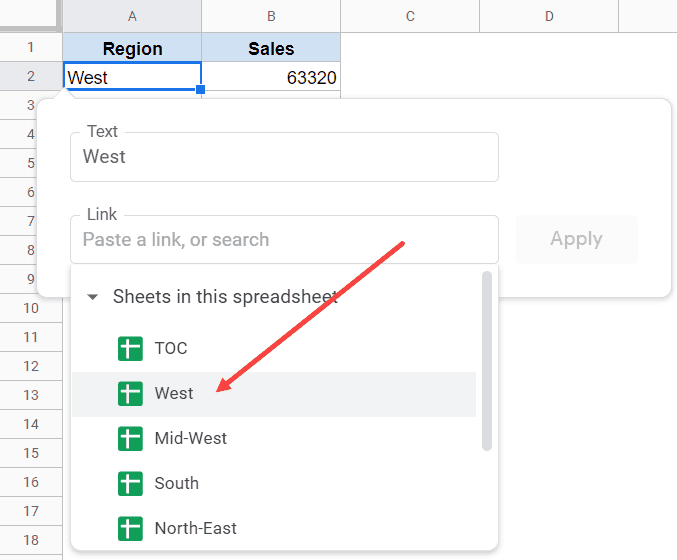 Click on West sheet to create a link to the cell with West