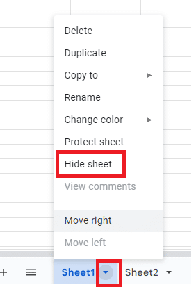 Click the drop-down arrow on the sheet tab.