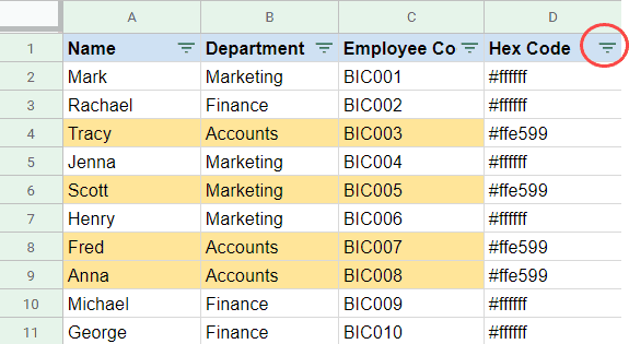 Click the filter icon of the Hex Code column header