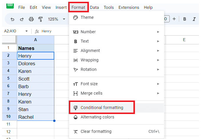 Click the Format option in the menu and click conditional formatting