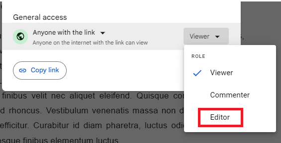 Click the permission settings dropdown and choose Editor.