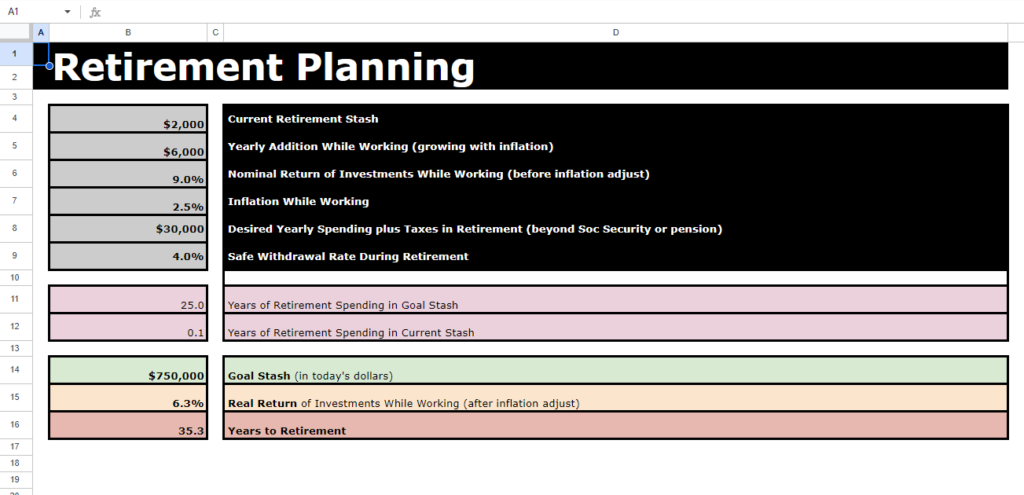 This retirement planner's spreadsheet offers a little more color than other templates.