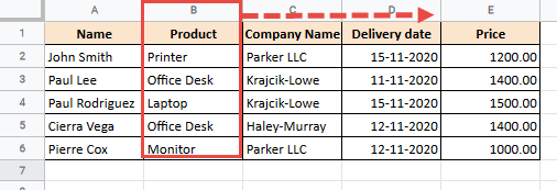 Column to move in Google Sheets