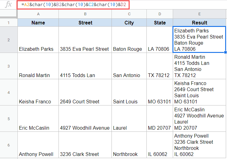 Combine cells with line break using CHAR10