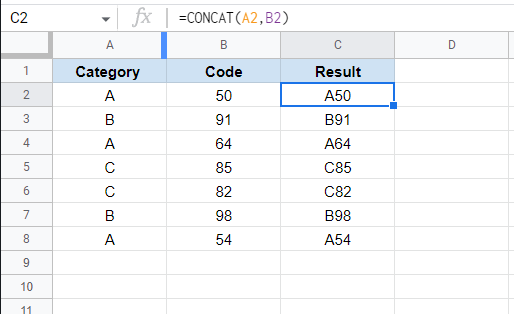 CONCAT function in Google Sheets