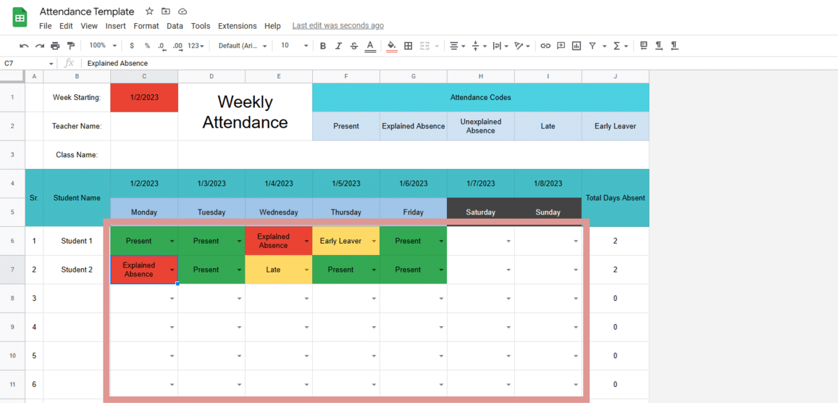 conditional formatting for an attendance code