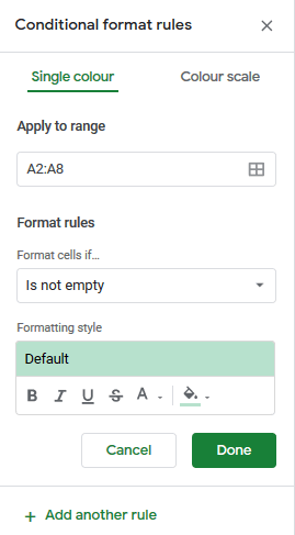 Conditional formatting rules pane