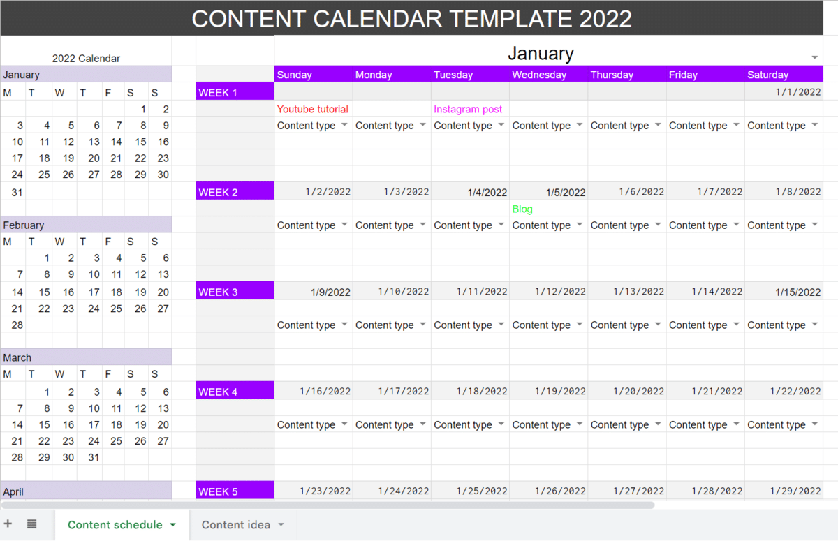 Content schedule sheet for spreadsheet Point Content Calendar Dashboard Template