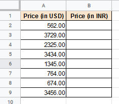 Converting USD to INR in Google Sheets