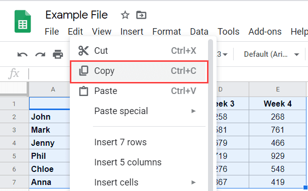 Copy the data in Google Sheets