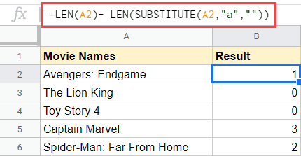 Count number of occurrence of a specific character in Google Sheets