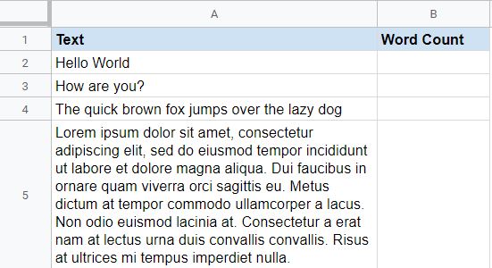 Count words in Google Sheets - Dataset